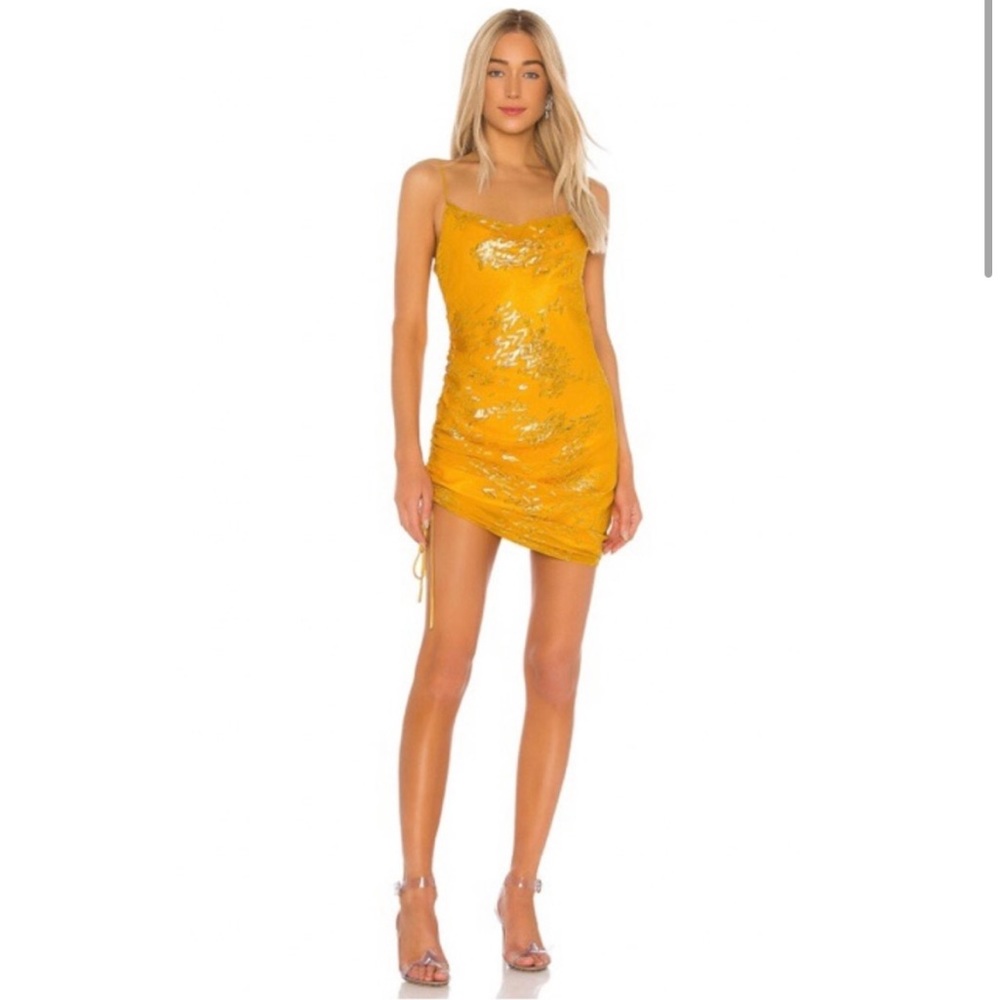 NWT Cinq A Sept Jacquard Astrid Shimmer Silk Mini Dress in Citrine & Gold